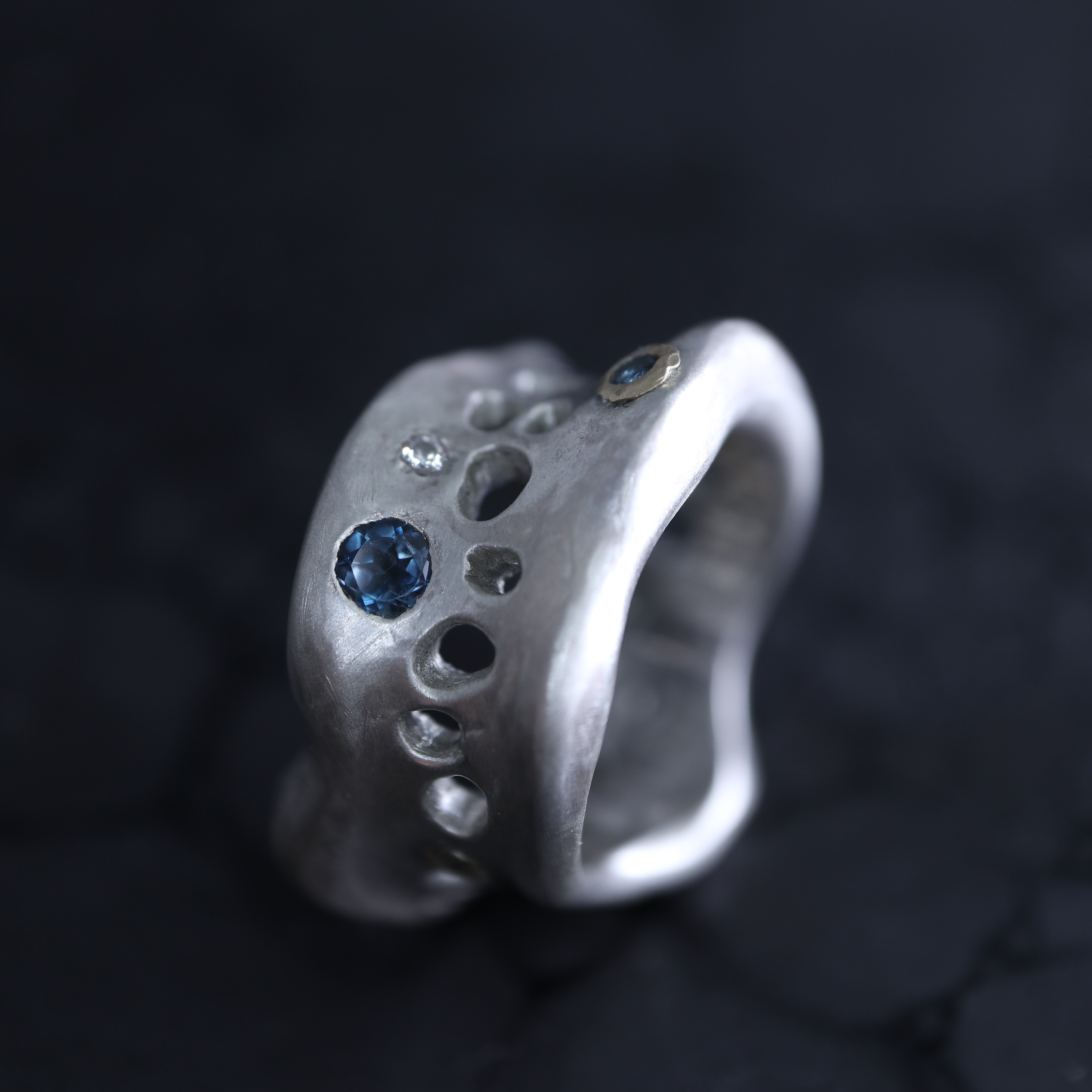 【-minamo- 水面】リング　SV925　 K18YG　 ダイヤモンド　 ロンドンブルートパーズ　1点もの　003