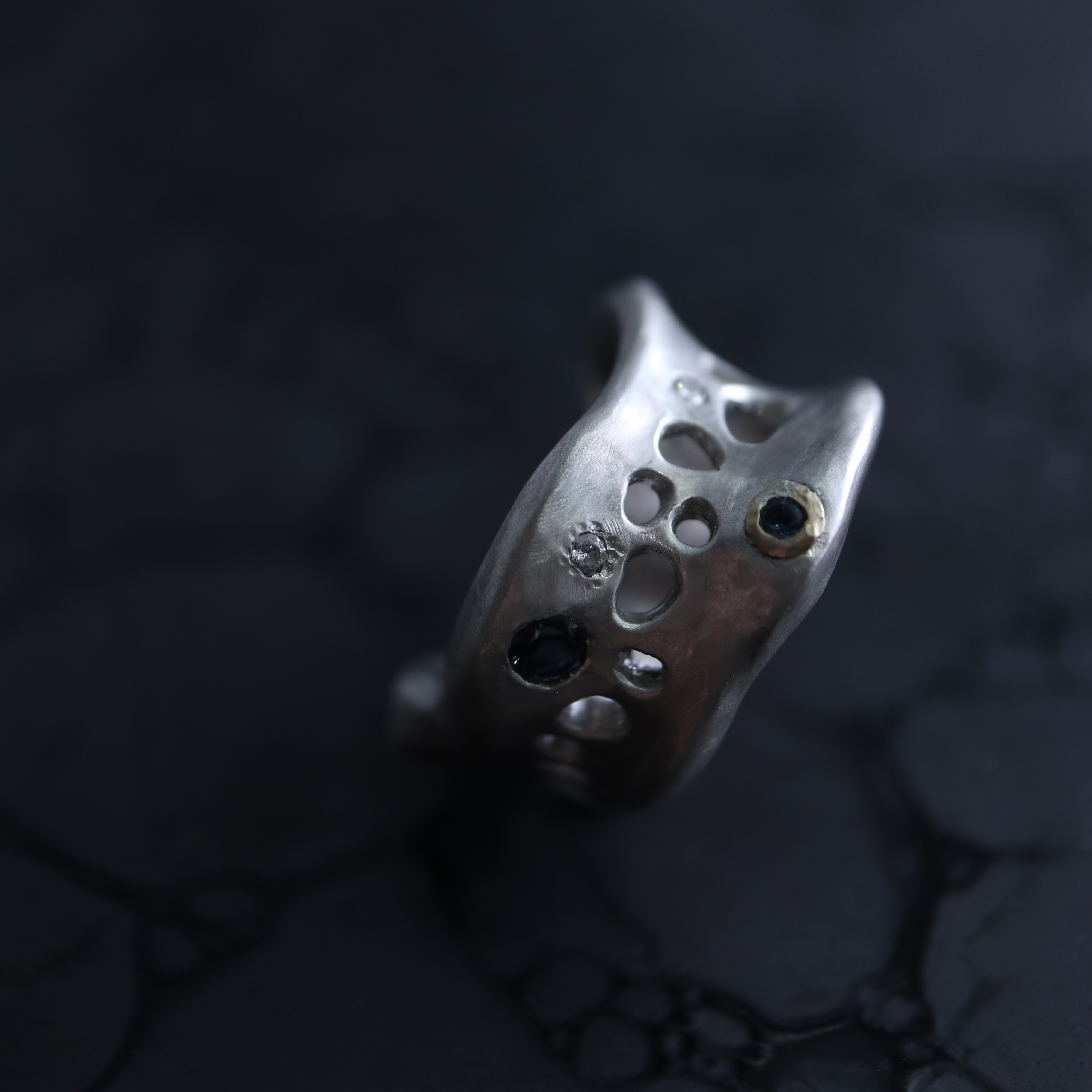 【-minamo- 水面】リング　SV925　 K18YG　 ダイヤモンド　 ロンドンブルートパーズ　1点もの　003