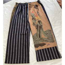 縞絣とふくろう柄と芸者柄のパンツ　　　　古布リメイク 2枚目の画像