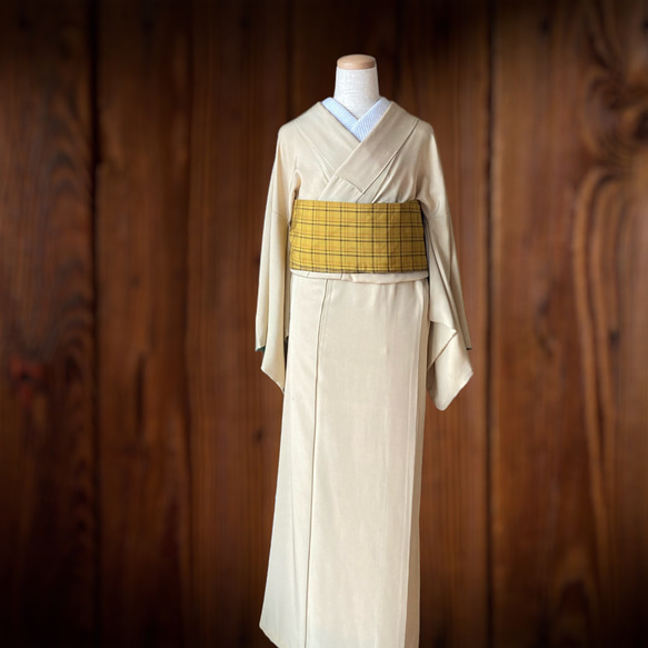 *和服布料* 大島紬和格子春亞紡製成的成人平子腰帶，半寬。長422cm 第8張的照片