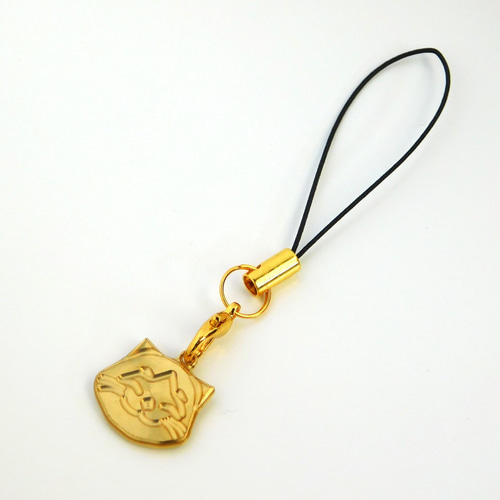 ニッコリ笑顔の猫ちゃん ストラップ 透明レジンでコーティング 真鍮製