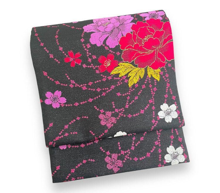 【振袖用　袋帯　変わり結びに　黒地　牡丹】二重太鼓も可