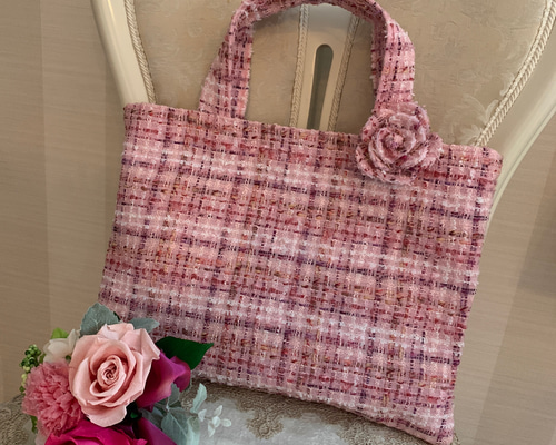 イタリア製高級ツイード レッスンバッグ☆キャンディピンク トート