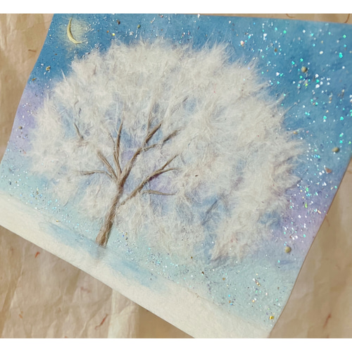 和紙ちぎり絵『三日月とふわふわの木』葉書サイズ原画 絵画 彩紘工房