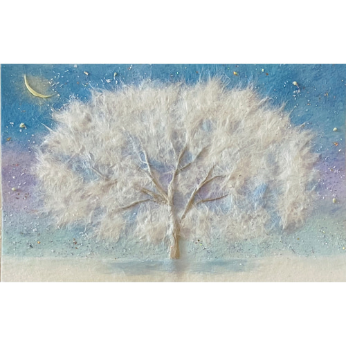 和紙ちぎり絵『三日月とふわふわの木』葉書サイズ原画 絵画 彩紘 和紙ちぎり絵『三日月とふわふわの木』葉書サイズ原画 絵画 彩紘