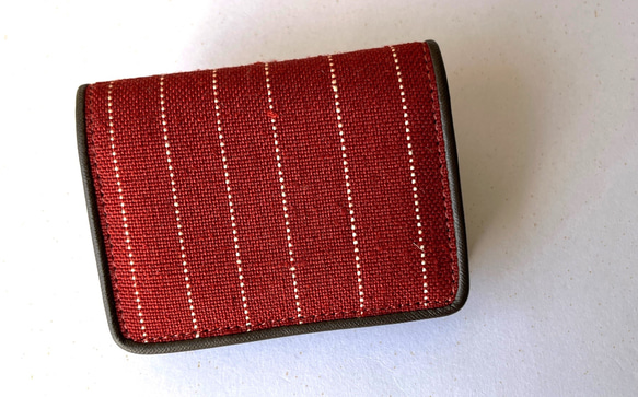 ミニ財布　シルク　ざざんざ織　伝統工芸品　静岡　赤/ベージュ　縞 1枚目の画像