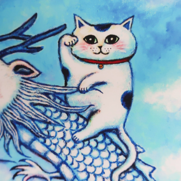 【受注生産品】ジクレー「招き猫を乗せた富士越えの龍」 ホワイト額付き  #アート #絵画 #龍 #招き猫 #富士山 5枚目の画像