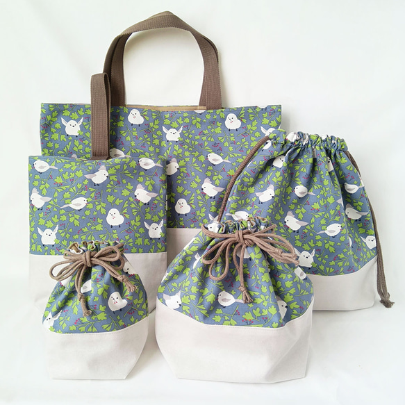 オーダーページ　シマエナガ　ハンドメイド　入園入学　通園通学 完成品】入園入学 5点セット シマエナガ レッスンバッグ シューズ袋