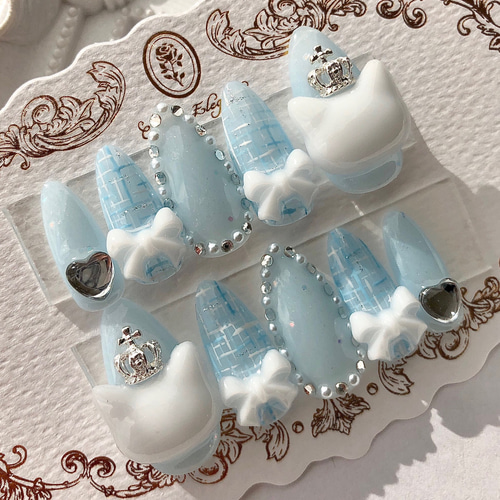 ネイルチップ 量産型 地雷 天使界隈 グリーン ホワイト 猫 ハート 推し