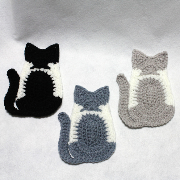 猫の背中のエコたわし&コースター　(ツートン猫　黒・グレー)　3枚セット（1重タイプ）送料無料 3枚目の画像