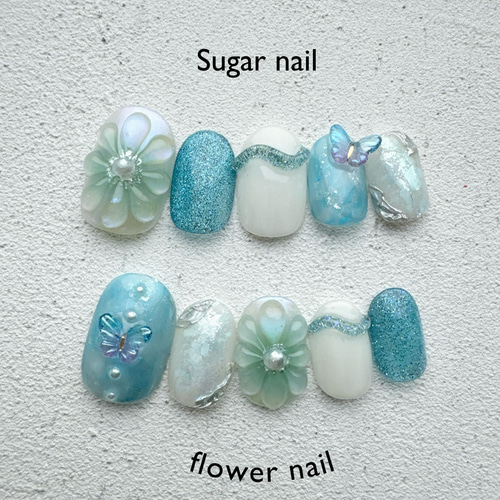 ぷっくりフラワーネイル 水色 ブルー くすみブルー フラワー