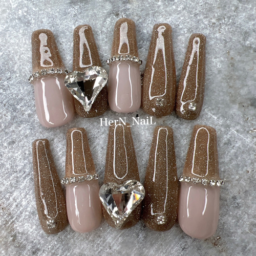 フラッシュネイル》ゴールドストーンハートネイルチップ ネイルチップ