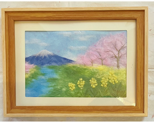 和紙ちぎり絵『富士と河津桜』葉書サイズ原画 絵画 彩紘工房