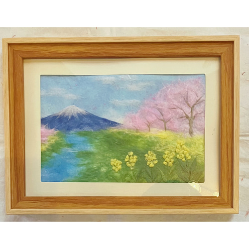 和紙ちぎり絵『富士と河津桜』葉書サイズ原画 絵画 彩紘工房