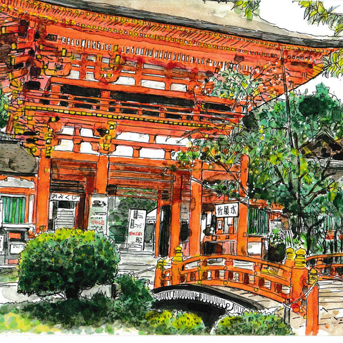 A4サイズ「京都 上賀茂神社」 京の水彩画工房 絵画 京の水彩画