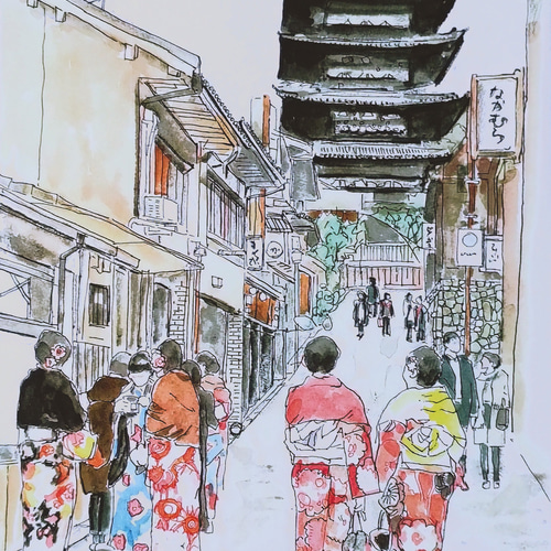 T. TAKESUE 水彩画 建物 約A4サイズ 大反響! A4サイズ額入り「思い出の場所」アート・送料185円