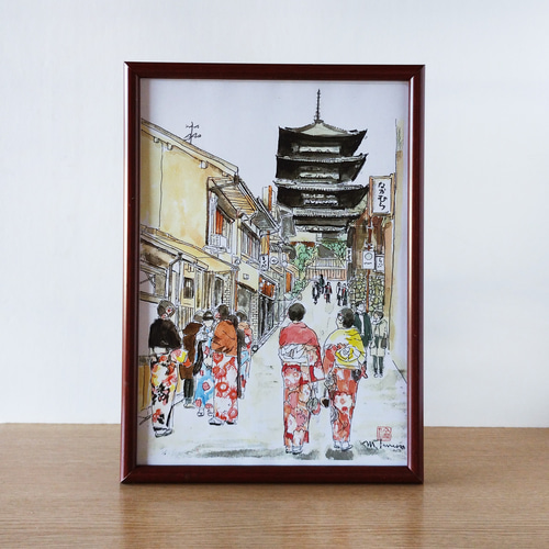 A4サイズ「京都 八坂の塔 新春の彩」 京の水彩画工房 絵画 京の