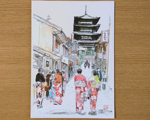 T. TAKESUE 水彩画 建物 約A4サイズ A4サイズ「京都 八坂の塔 新春の彩」 京の水彩画工房 絵画 京の