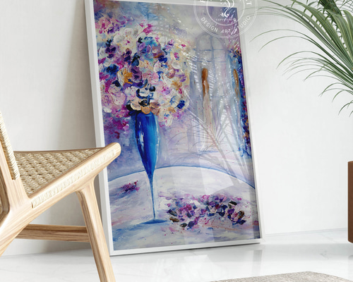 絵画 。壁掛け絵原画手描き【花瓶を片付けている少女】 絵画 。壁掛け絵原画手描き【部屋の中で花瓶を片付ける少女と