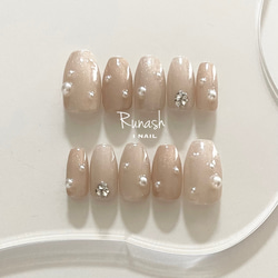 design52】韓国 ベージュパールネイルチップ ネイルチップ（つけ