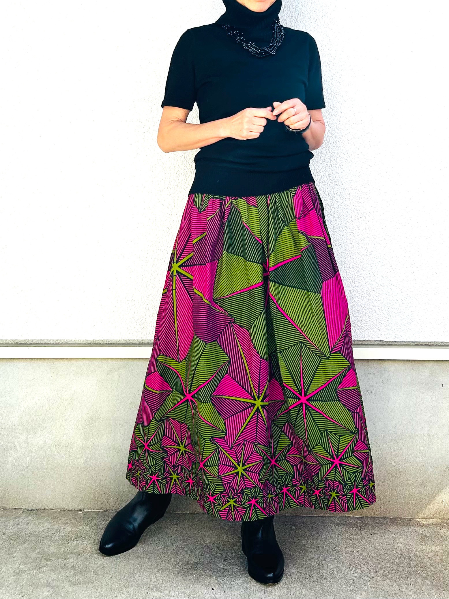 【受注製作】アフリカン綿プリント　腰シャリング　マキシ丈スカート