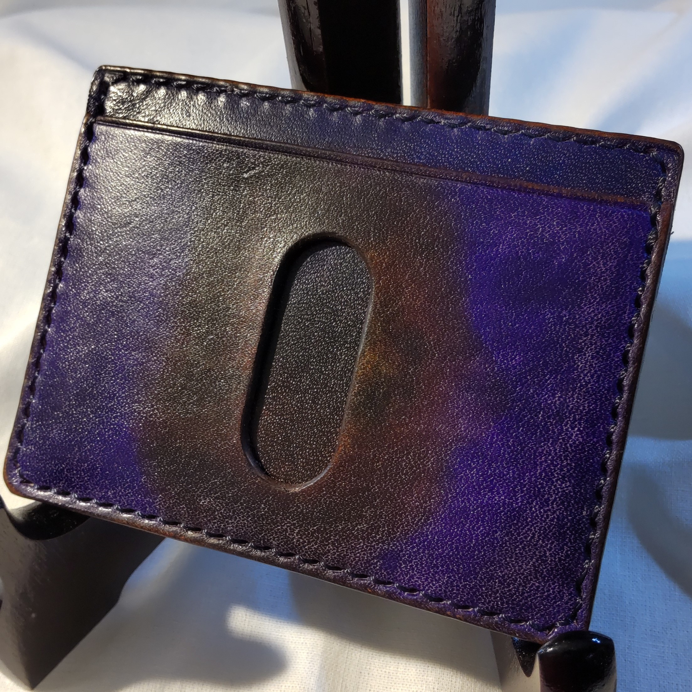 現物販売のヴィンテージ染めパスケース　ネイビーステッチ