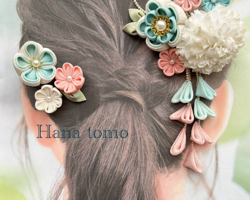 受注制作】111 和装髪飾り 水色 つまみ細工 結婚式 成人式 卒業