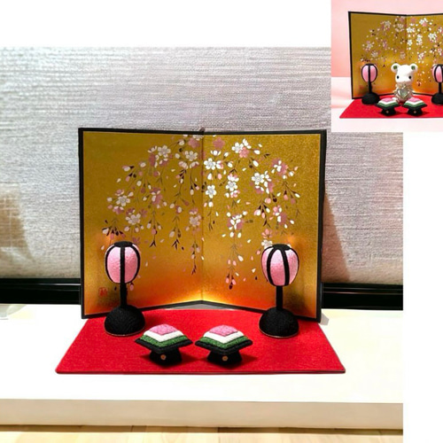 お雛様小道具【雛台&桜金屏風 高さ15cm&ぼんぼり一対】3点 お雛様小道具【雛台&桜金屏風 高さ15cm&ぼんぼり一対】3点