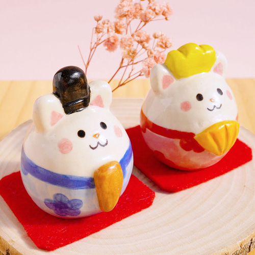 陶器]たまご型猫のおひなさま[白猫 ひなまつり] その他置物