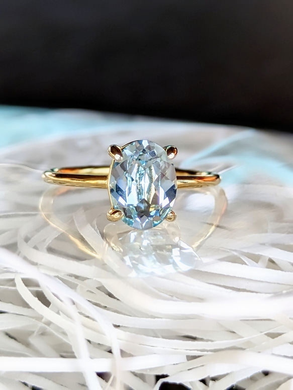 柔らかな水面の輝きブルー アクアマリンaquamarineリング/18Kgp.SV925フリーサイズ可 3枚目の画像