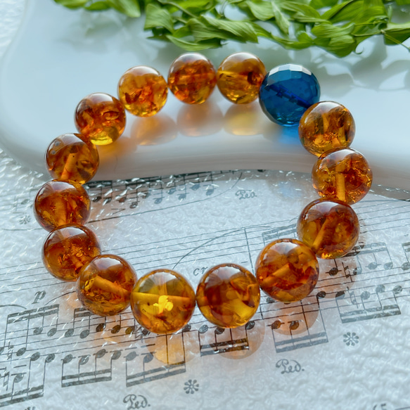 トップクォリティ]天然ブルーアンバーブレスレット/非加熱琥珀（約16mm