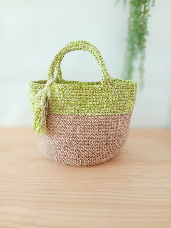 持ち手柔らか芽吹き色と麻ひものBAG 1枚目の画像