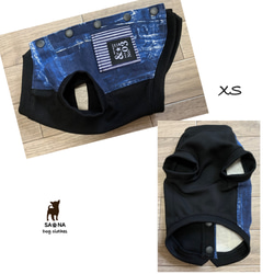 ハンドメイド犬服XS デニム柄ブラックストライプポケット　　　　XS1 2枚目の画像