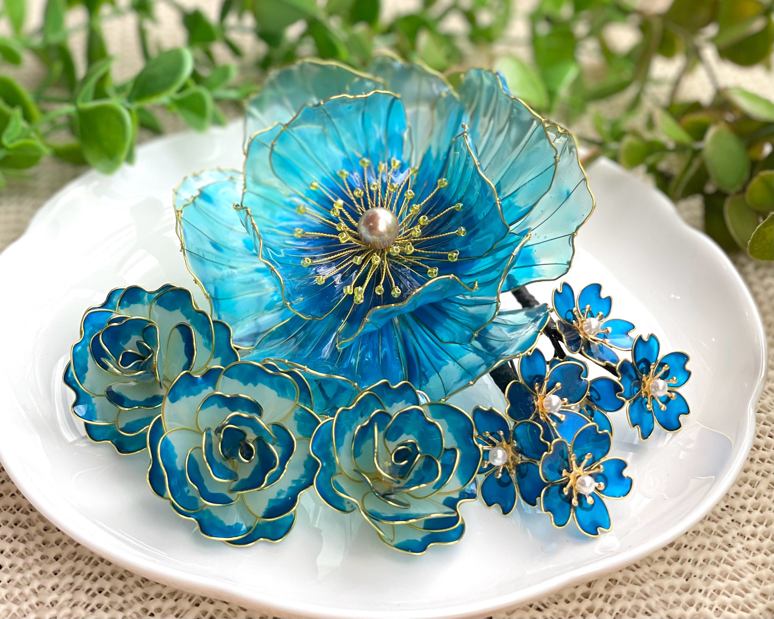 青い花々の髪飾り ＊牡丹 ＊薔薇 ＊桜 ＊アメリカンフラワー