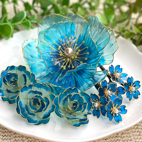青い花々の髪飾り ＊牡丹 ＊薔薇 ＊桜 ＊アメリカンフラワー