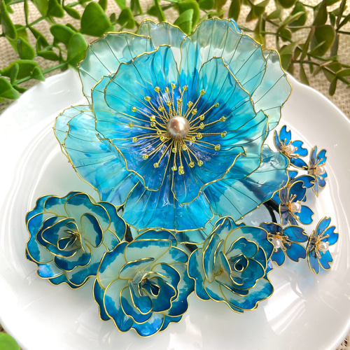 青い花々の髪飾り ＊牡丹 ＊薔薇 ＊桜 ＊アメリカンフラワー