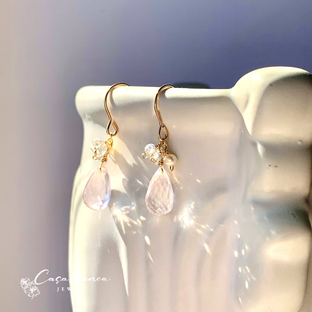 14kgf ❤新品 フレンチブルドック珊瑚ローズクオーツピアス