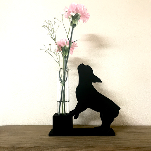 花とじゃれる犬（フレンチブルドッグ）のフラワーベース ガラス瓶