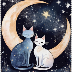 【数量限定】三日月と綺麗な夜空が素敵なカップル猫のメガネ拭き 1枚目の画像
