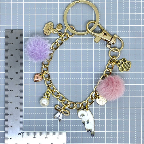 シャム猫×パステルピンク・パープルファー バッグチャーム バッグ 