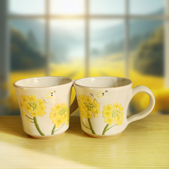 【陶器】菜の花とモンシロチョウのマグカップ 1枚目の画像