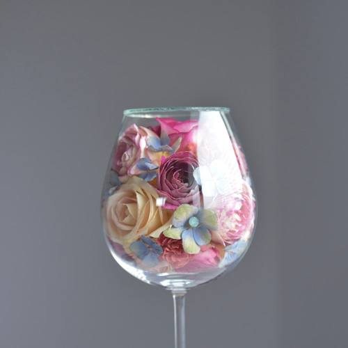 【T-ポイント5倍】 Anne」薔薇と紫陽花のワイングラスのドライフラワー ガラス 置物
