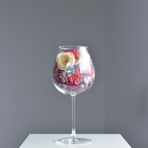 Anne」薔薇と紫陽花のワイングラスのドライフラワー ガラスドーム