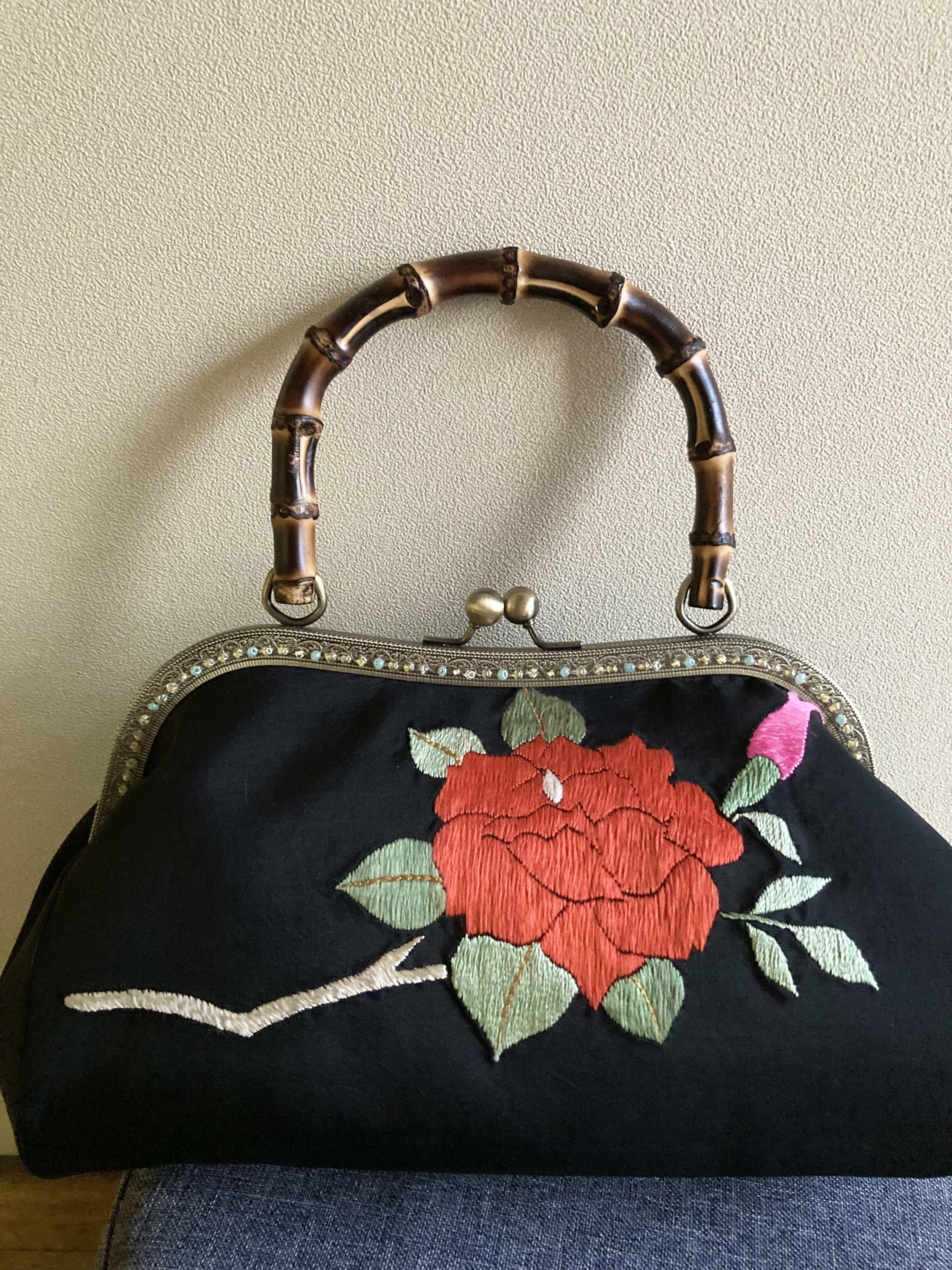 バンブーがまぐちバッグ　ARMANIを使って♪ハンドメイド　一点物 バンブーがまぐちバッグ　ARMANIを使って♪ハンドメイド　一点物