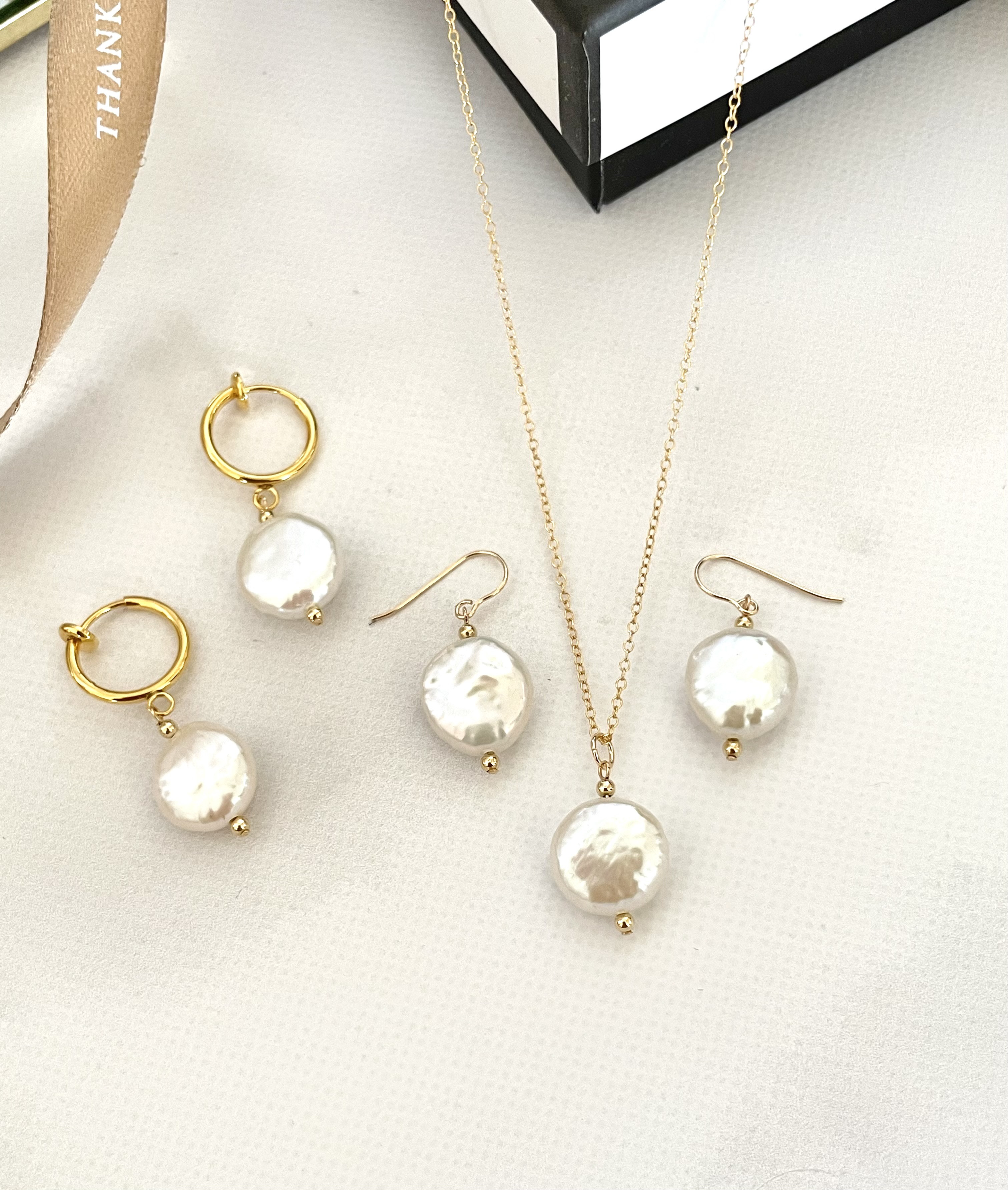 14kgf コインパール ネックレス,ピアスorイヤリング セット　淡水パール 卒業式 入学式 クリスマス　送料無料