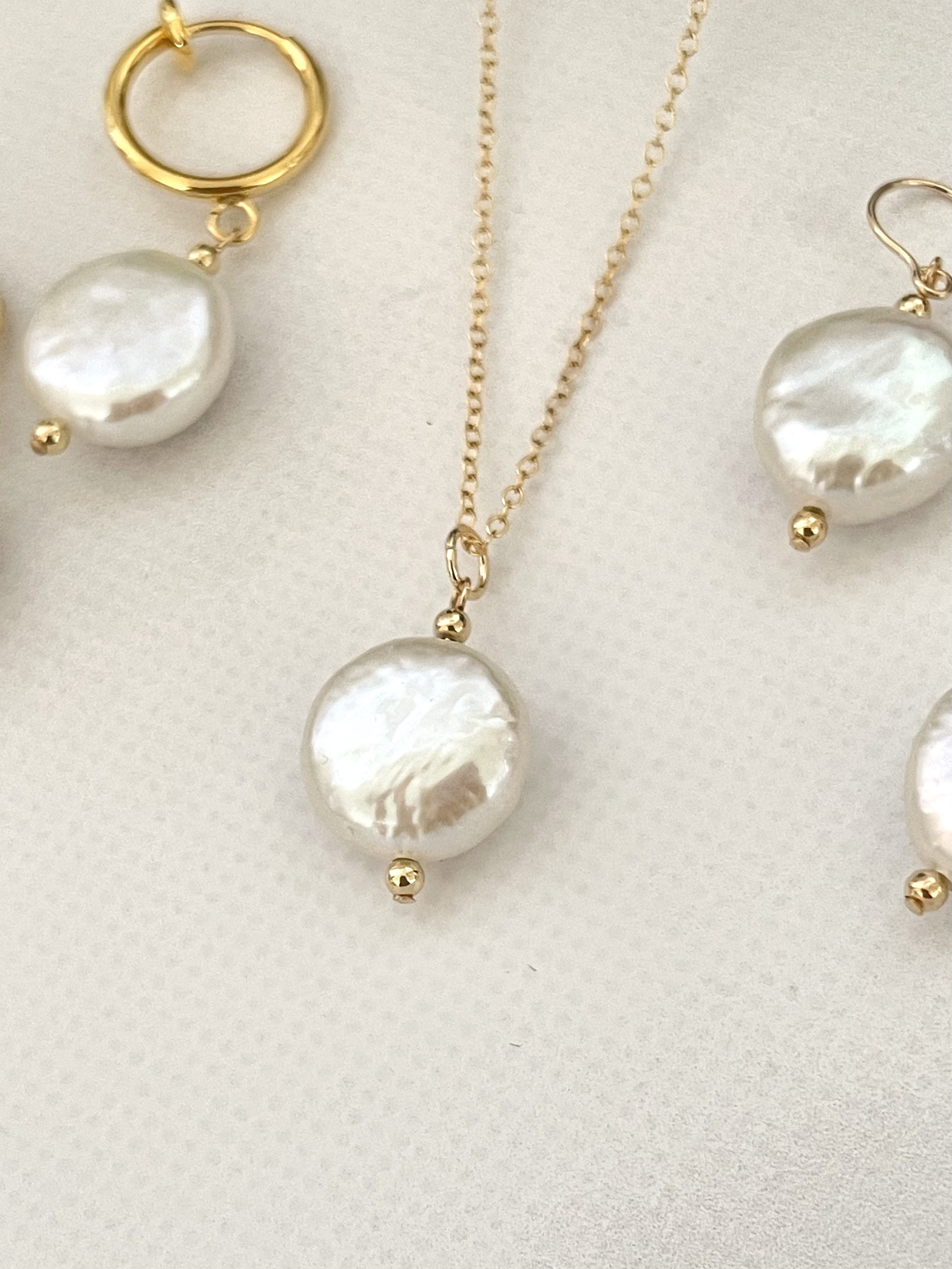 14kgf コインパール ネックレス,ピアスorイヤリング セット　淡水パール 卒業式 入学式 クリスマス　送料無料