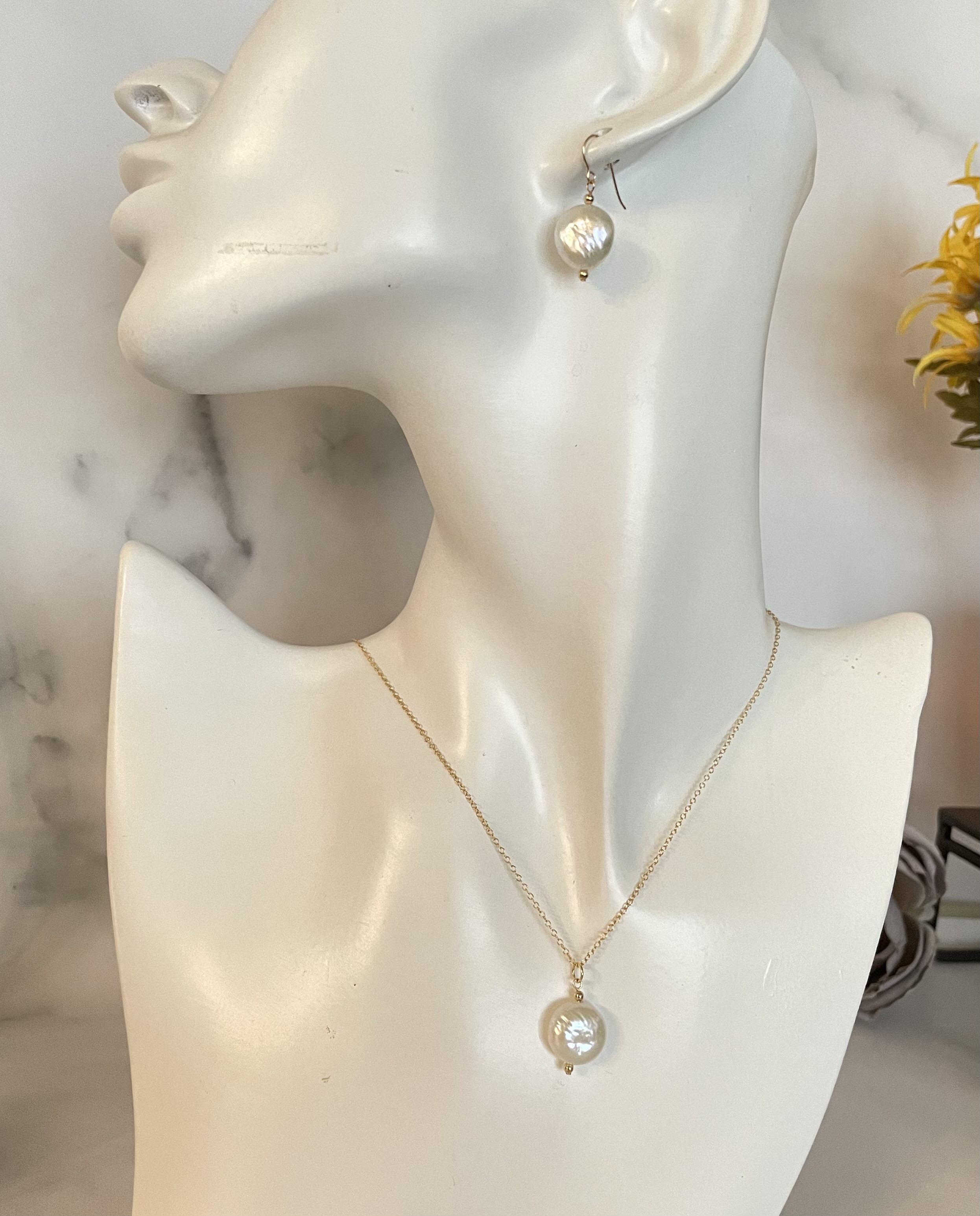 14kgf コインパール ネックレス,ピアスorイヤリング セット　淡水パール 卒業式 入学式 クリスマス　送料無料