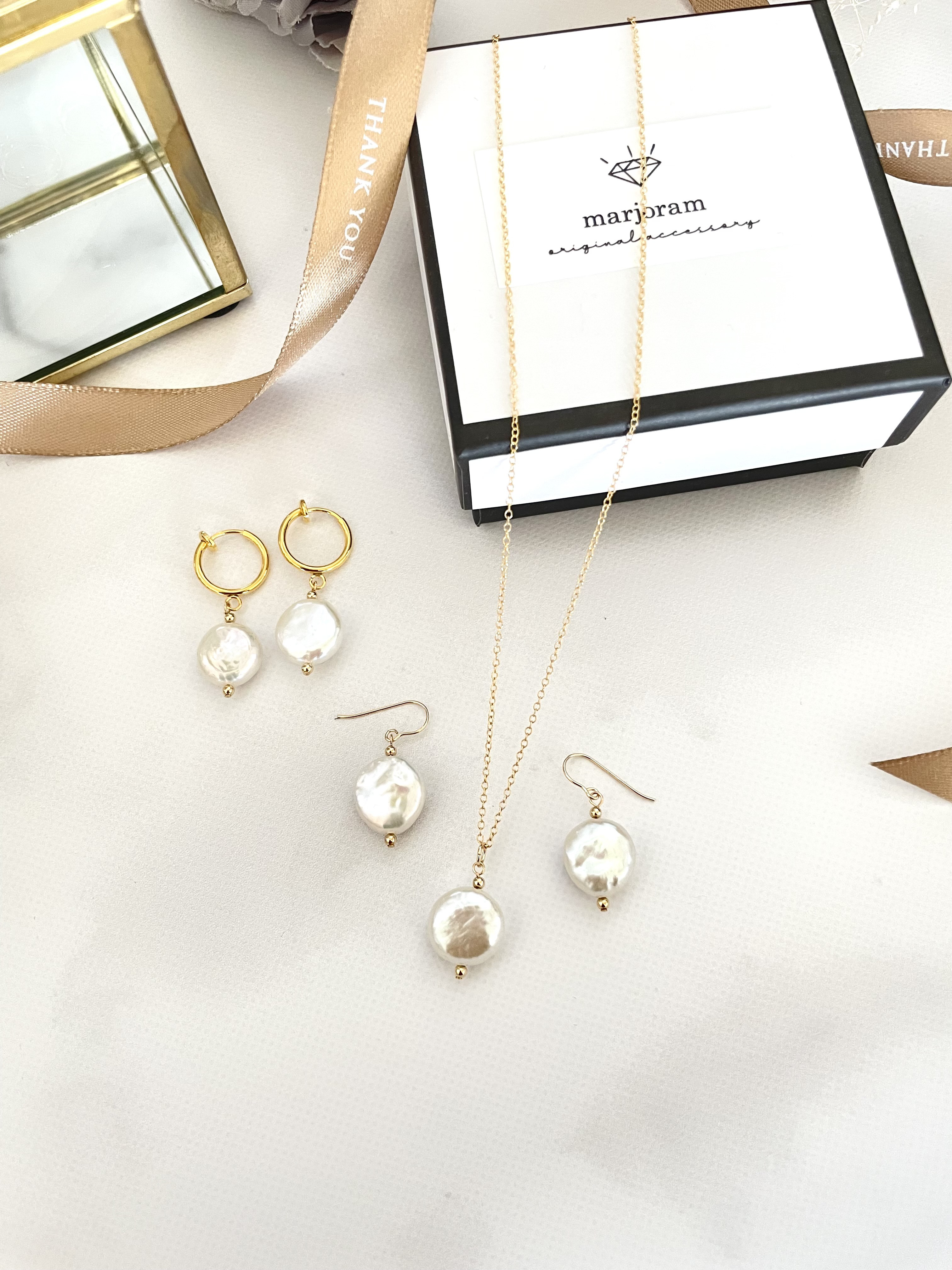 14kgf コインパール ネックレス,ピアスorイヤリング セット　淡水パール 卒業式 入学式 クリスマス　送料無料