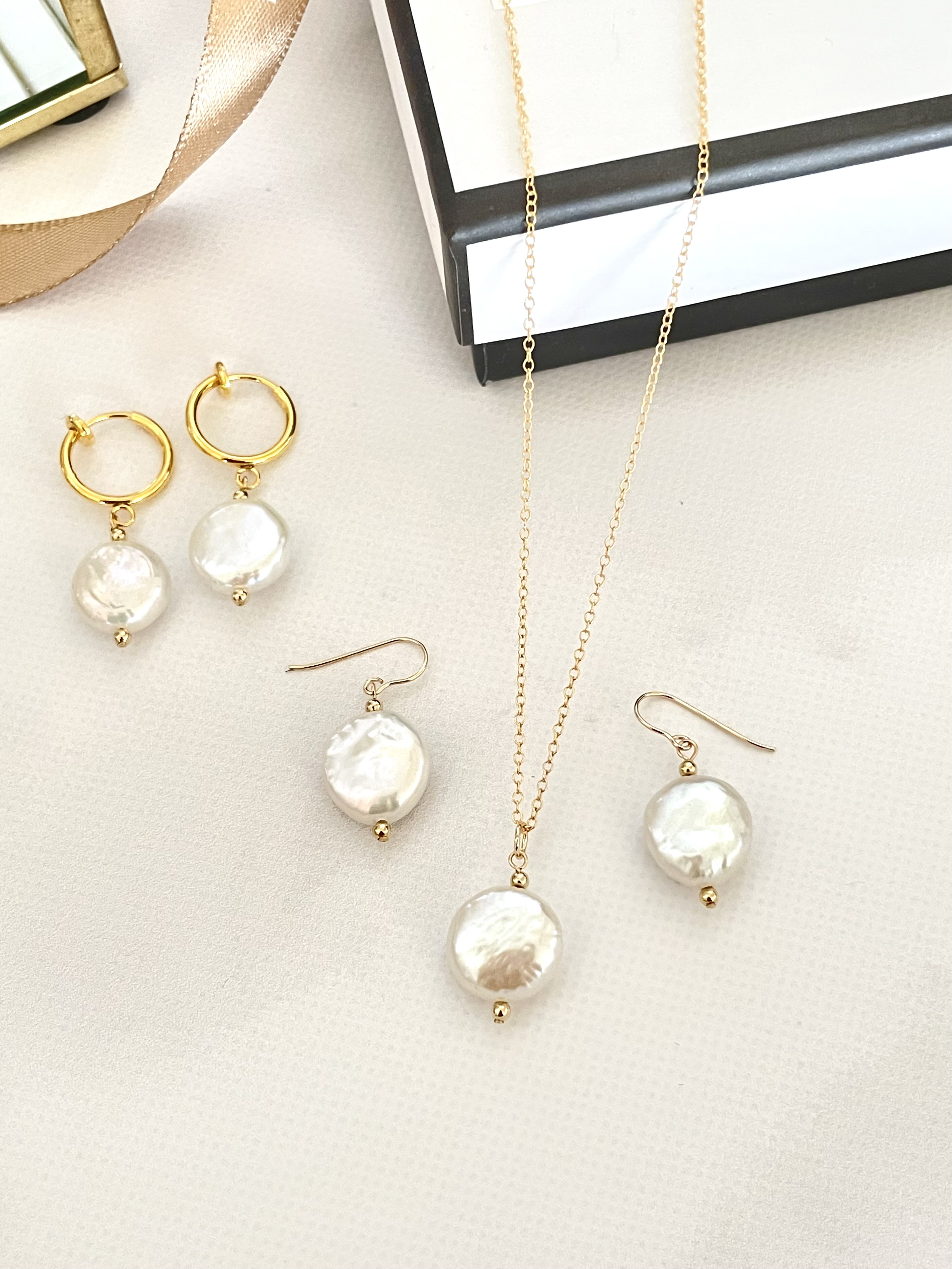 14kgf コインパール ネックレス,ピアスorイヤリング セット　淡水パール 卒業式 入学式 クリスマス　送料無料