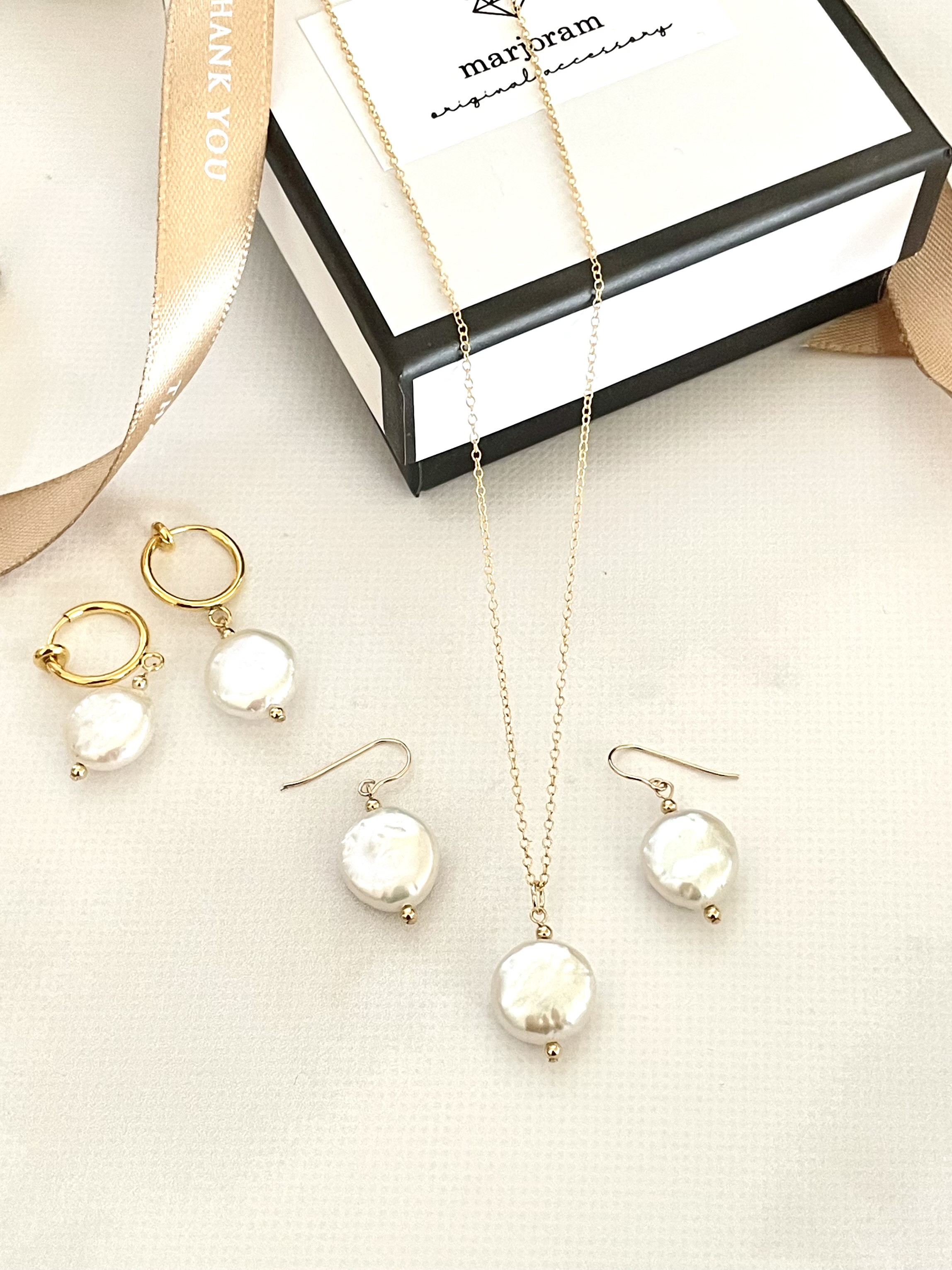 14kgf コインパール ネックレス,ピアスorイヤリング セット　淡水パール 卒業式 入学式 クリスマス　送料無料